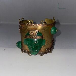 Vintage Cuff Bracelet Carved Green Onyx Tribal Mask Copper Brass Signed Mexico